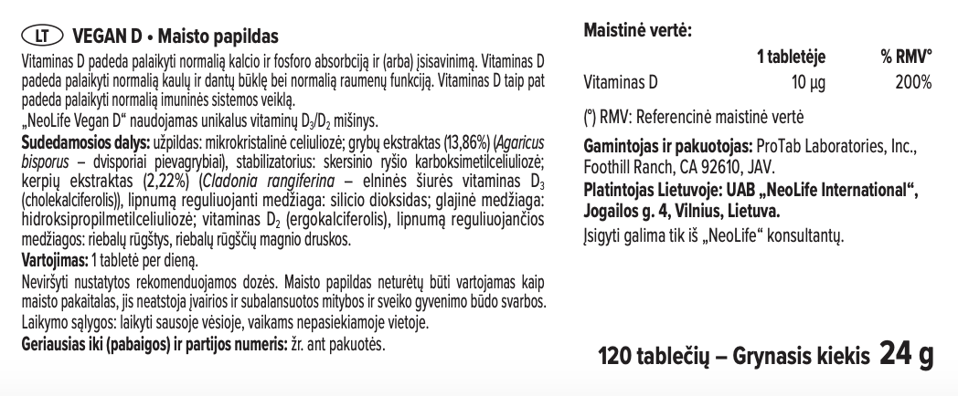 Vitaminas D, NeoLife Vegan D