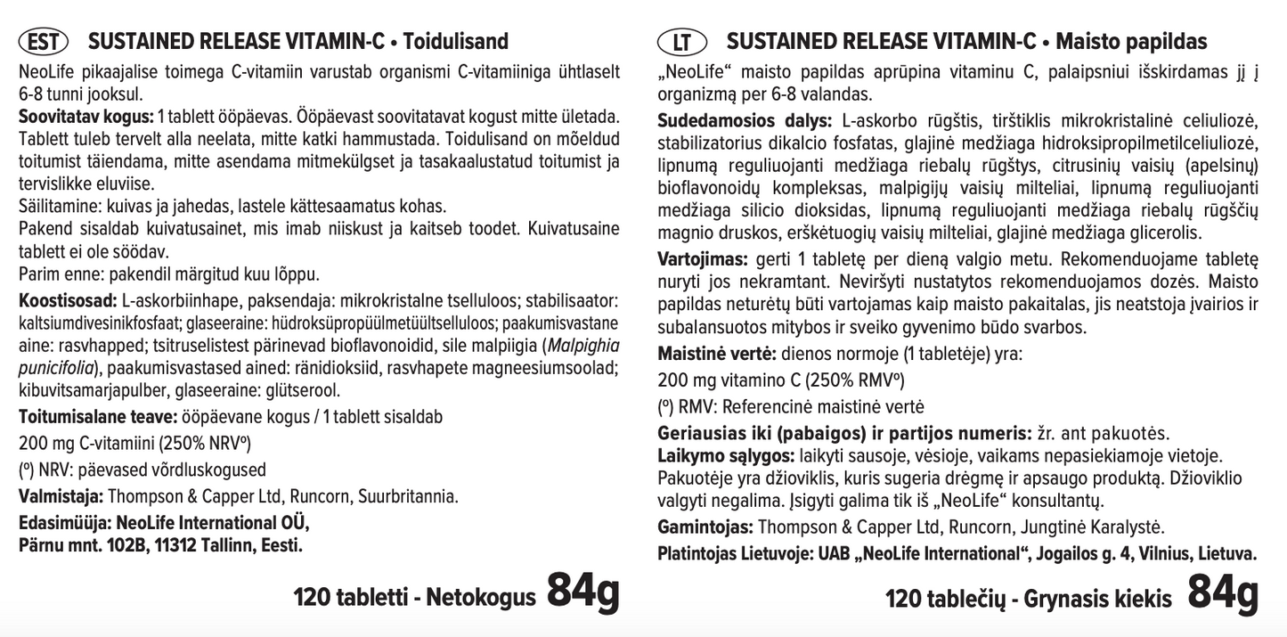 Sust. Rel. Vitamin-C, maisto papildas su vitaminu C