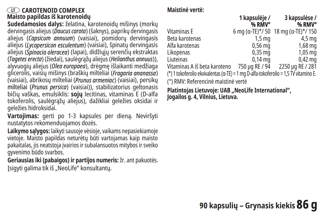 Carotenoid Complex, maisto papildas